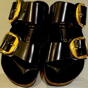 Birkenstock “Big Buckle” Shiny Black Natural Black Leather Sandal. Sz 35 (5)